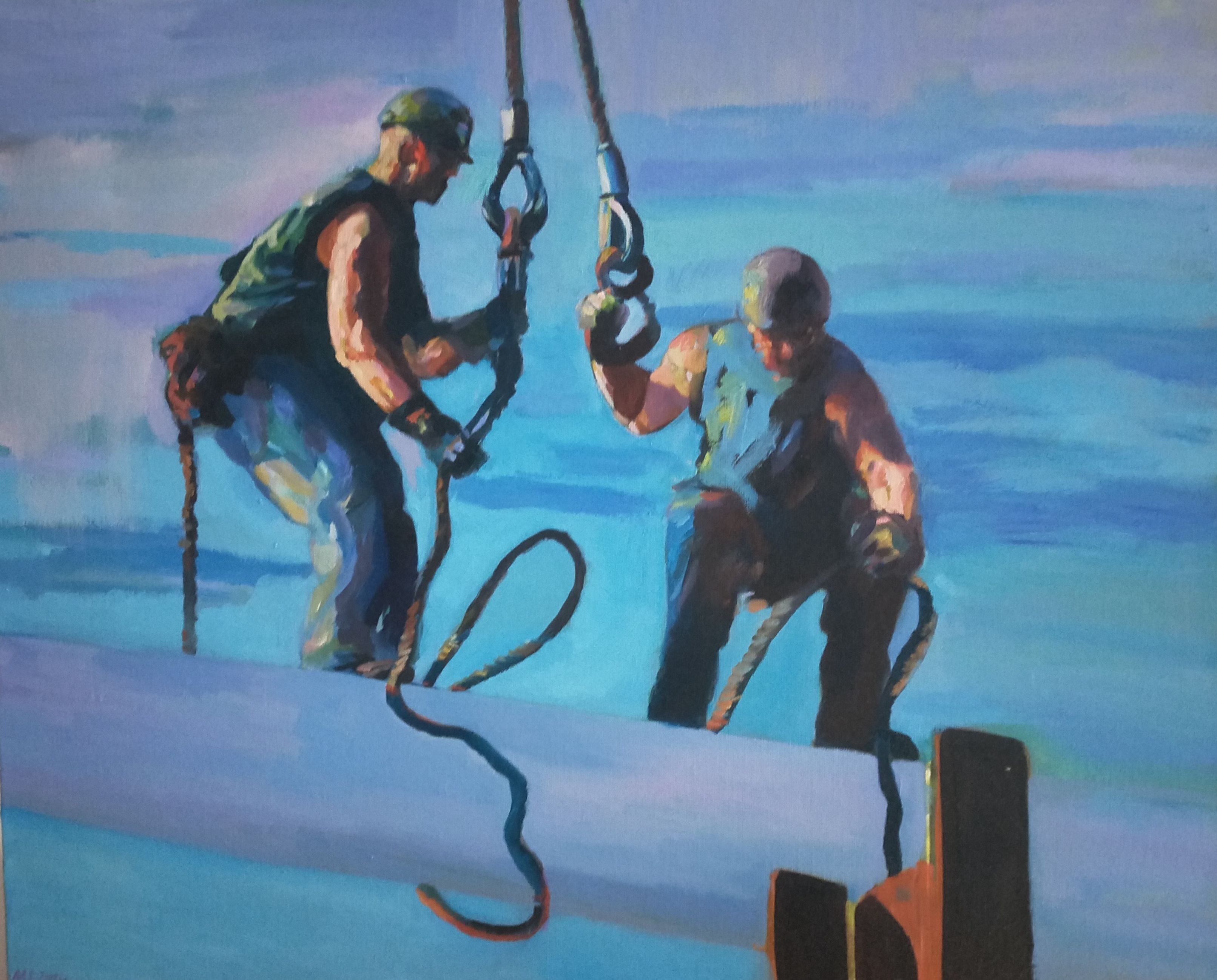 Deux ouvriers dans le ciel bleu - 81X65 cm